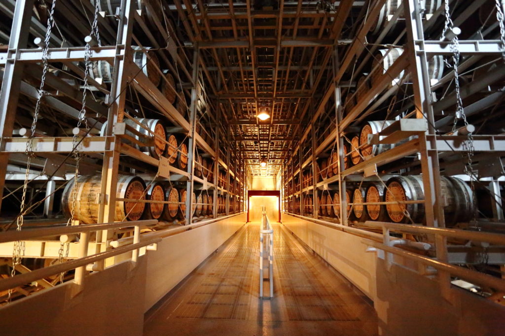 Mizunara oak casks aging in a serene Japanese distillery